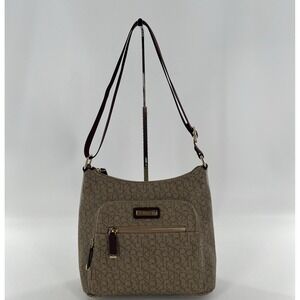 Rare Calvin Klein Signature Allover Monogram Taupe Crossbody Maroon Strap Gold